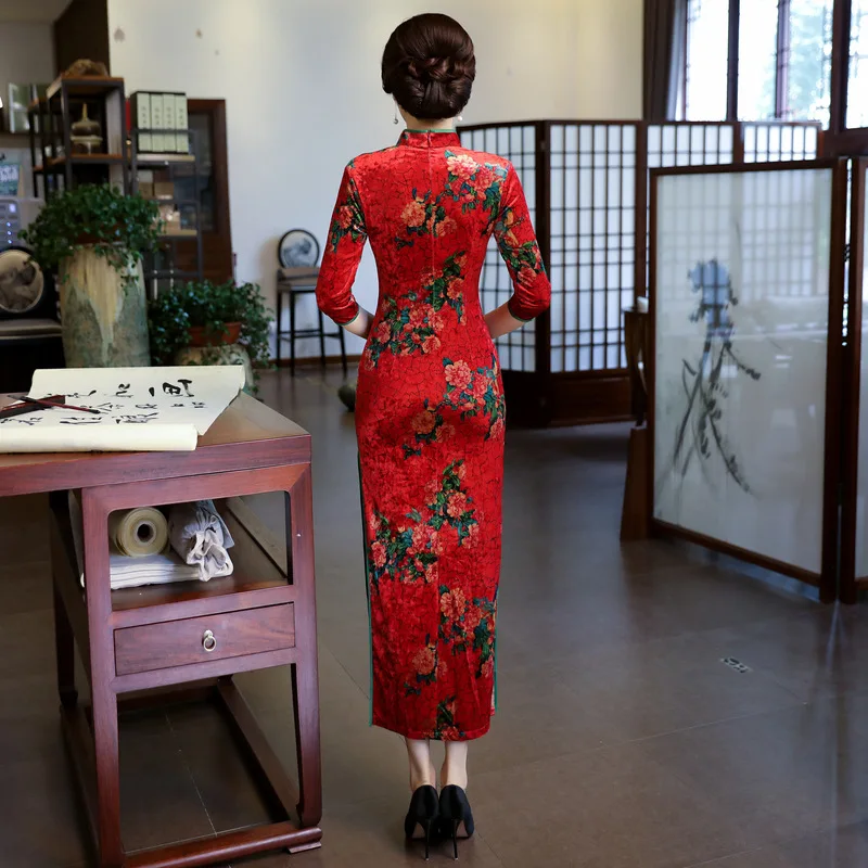 Зеленый зима/весна Cheongsam Qipao женское бархатное длинное платье китайское традиционное платье с коротким рукавом винтажные Cheongsams размер S-3XL