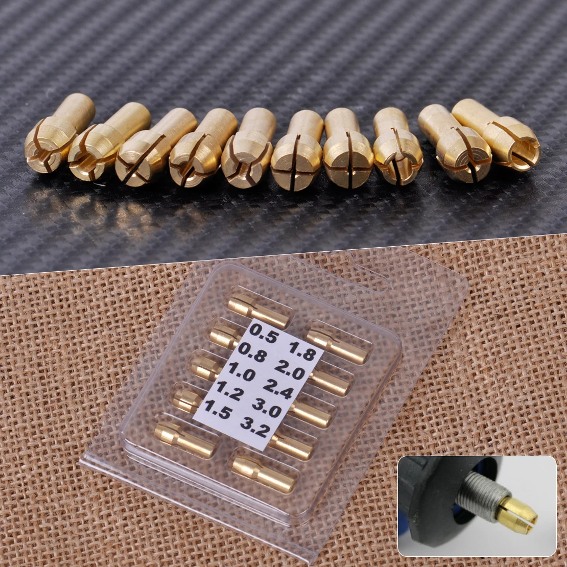 10x Brass Chuck Collet Drill Bit 0.5-3.2mm Set Fit Nut for Rotary Tool