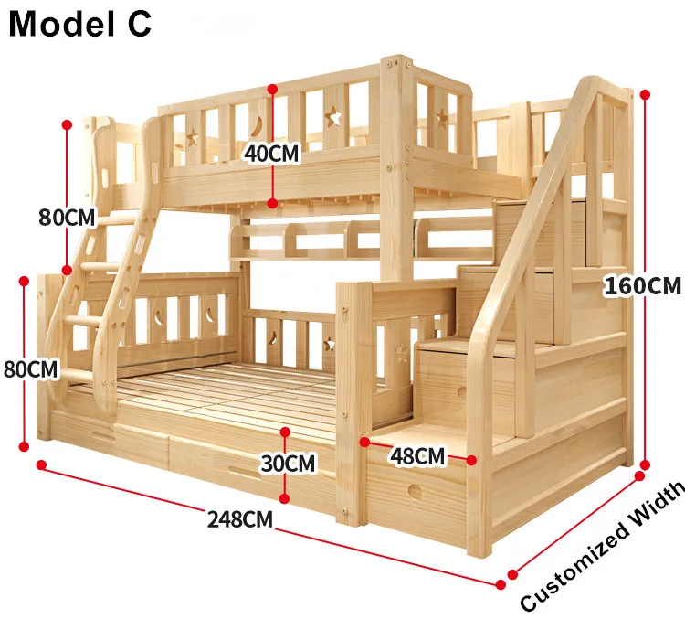 Модная детская двухъярусная кровать Луи из натурального соснового дерева с лестничными ящиками, безопасная и прочная - Цвет: C-Width 120cm