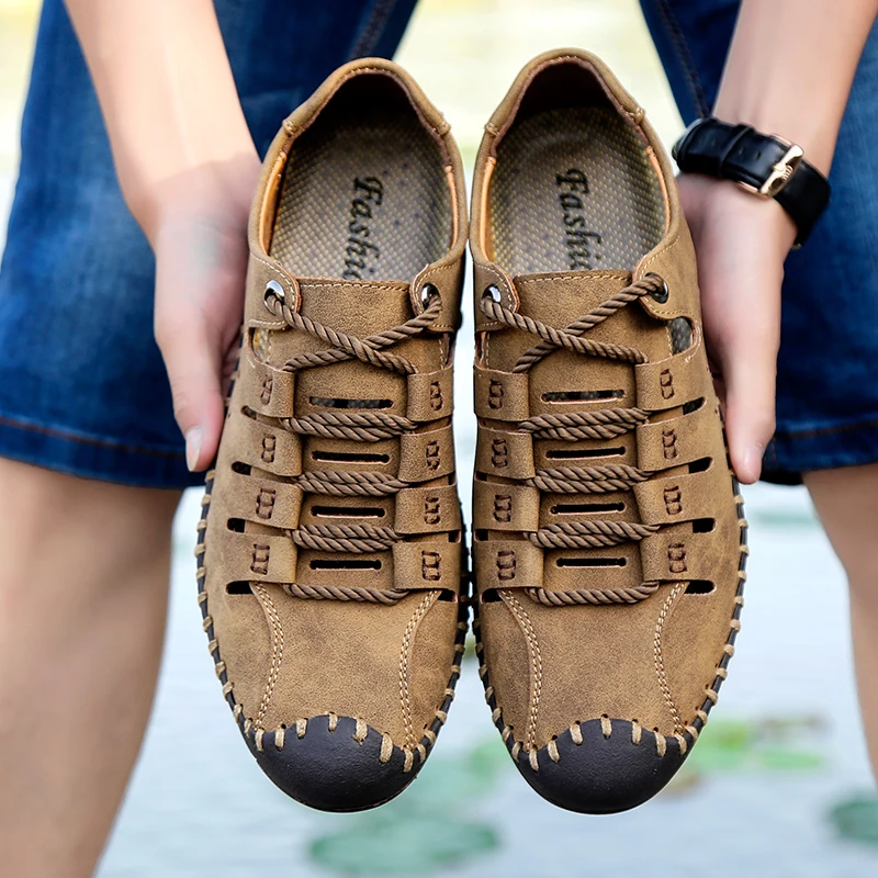 

Dropshiping 2019 New Summer Men Genuine Leather Sandals Business Casual Men Outdoor Beach Sandals Roman Men Summer Water Shoes