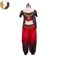 Двухкомпонентные латексные костюмы для танцев в арабском стиле с головным убором, черные, красные шифоновые штаны для балетное