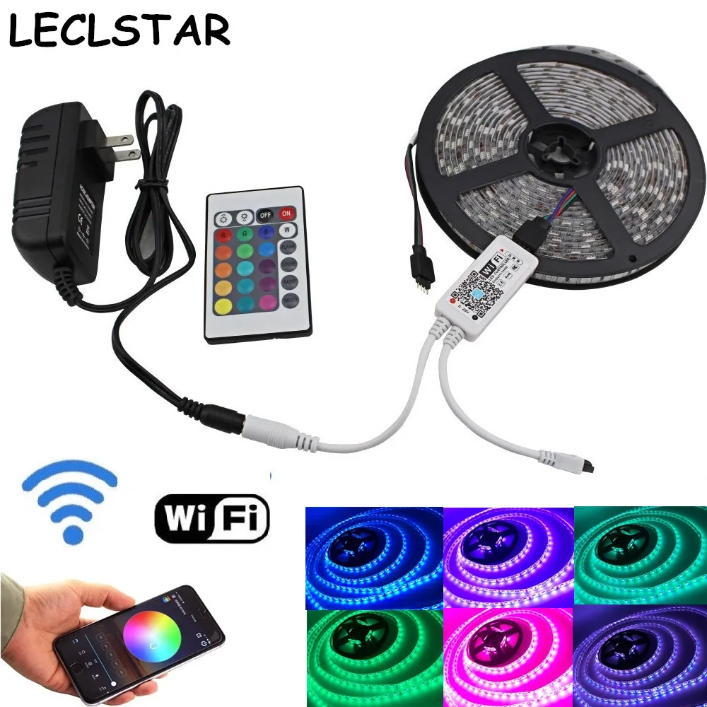 

WIFI+ 24Key Remote Controller RGB LED Strip Light 5m 10m 15m 5050 non Waterproof 5050 Led Tape Diode Ribbon DC 12V Adapter Set