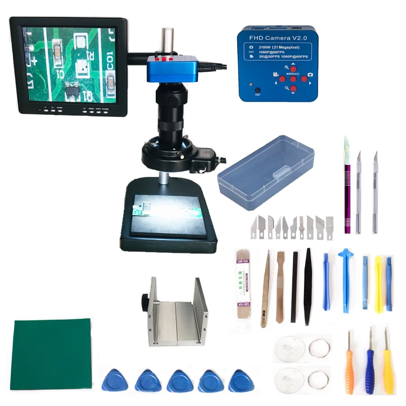 

1080P 60FPS 2K 21MP HDMI Electronic USB Digital Video Microscope Camera 130X C-Mount lens Led ring lights 8"TV LCD Monitor tool