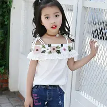 Новинка года; летняя блузка для девочек; рубашки для маленьких девочек-подростков с вырезом лодочкой и открытыми плечами; белые детские топы с цветочной вышивкой; JW2089