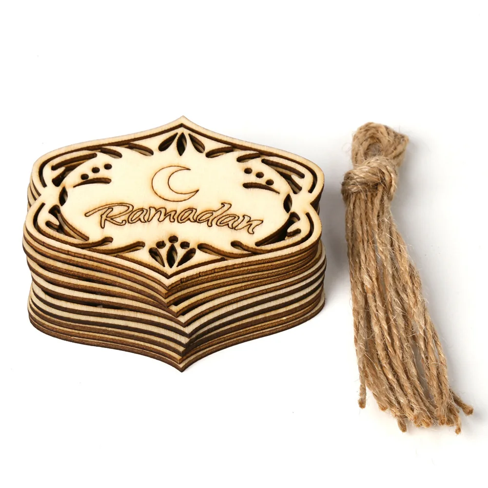 

10pcs Thick Hanging Home Crafts With Ropes Muslim Decoration Hollow Out Party Supplies Wooden Pendant Gifts Eid Mubarak Ornament