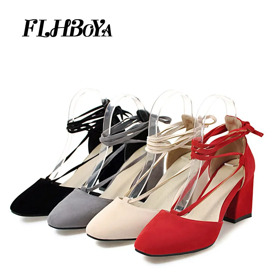 

New Fashion Summer Block heels Pumps Women Black Red Gray Flock Med Square Heels Pointed Toe Buckle Strap Ladies Sandals shoes