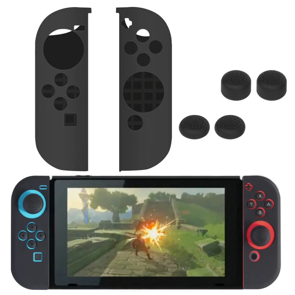 

Black Anti-slip Silicone Case Cover with Thumb Caps for Nintendo Switch Joy-Con Controller