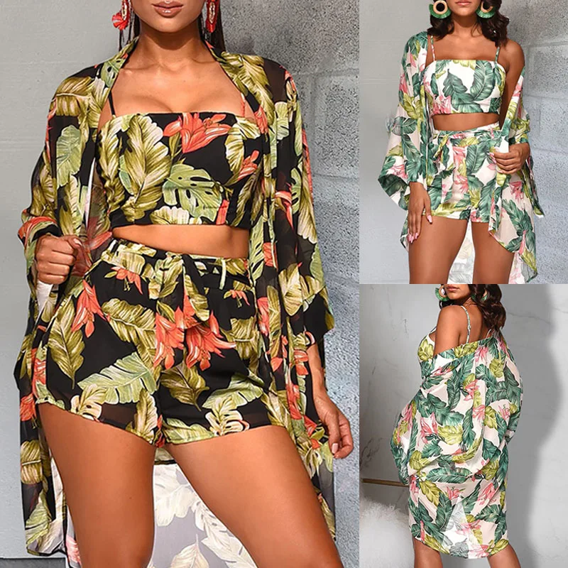 

3PCS Women Sexy Bikini Cover Up Crop Top Bra Short Swim Pants Flroal Print Casual Bathing Suit Swimsuit Beachwear Bikini 2019