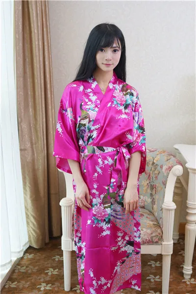 Сексуальный серый женский летний Повседневный халат, длинный халат, Женская атласная ночная рубашка, нижнее белье с принтом, цветочное кимоно, одежда для сна, один размер - Цвет: Hot Pink A