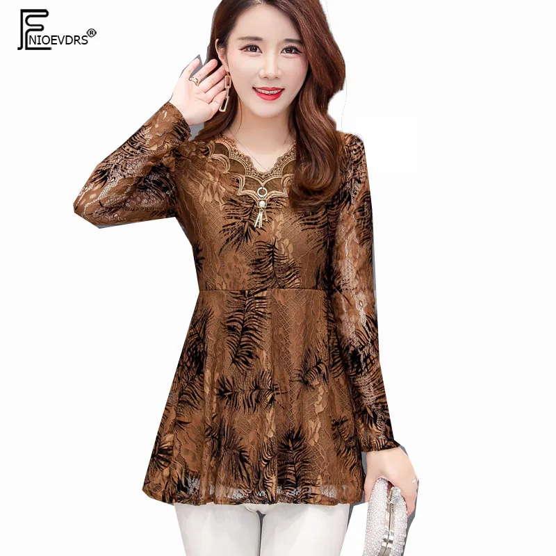 

Winter Basic Shirts Blouses Hot Women Fashion Long Sleeve V Neck Tops Cute Vintage Lace Tunic Top Floral Print Blouse 4XL 3XL