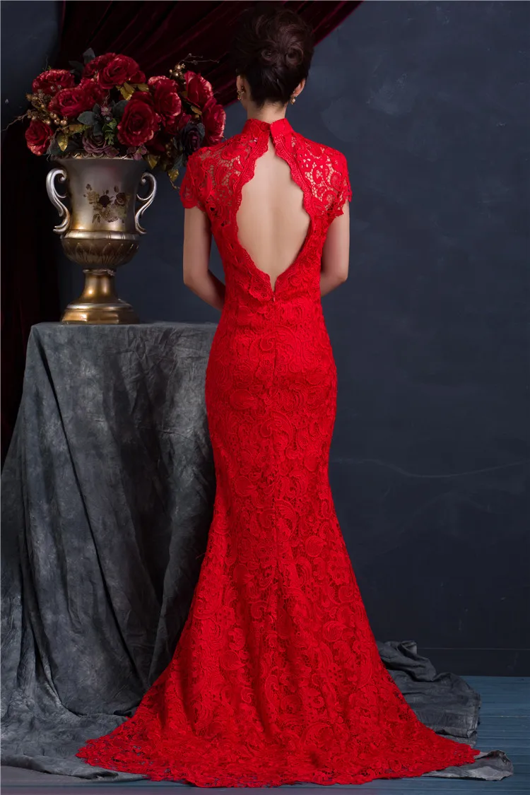 Women's Royal Blue Trailing Strapless Qipao Evening Dresses Chinese Traditional Brocade Long Mermaid Backless Plus Size 3XL  (59)