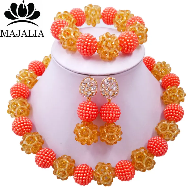

Majalia Fashion Nigeria Wedding african beads jewelry set Champagne Crystal Plastic pearl necklace Bridal Jewelry Sets 1ZS001