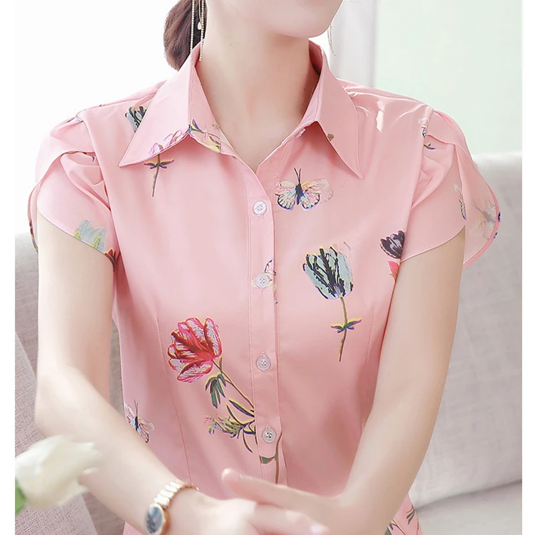 

Korean Fashion Chiffon Women Blouses Print Turn-down Collar Pink Women Shirts Plus Size XXXL/5XL Blusas Femininas Elegante