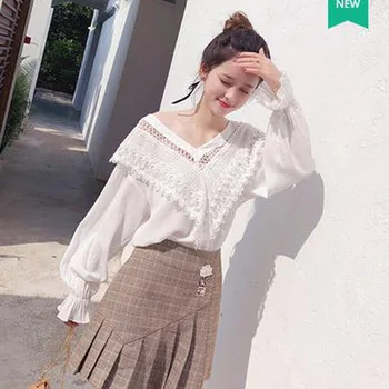 

Spring Whitetop Female Sweet Blouse Lace Women's Shirts Lantern Sleeve Feminina Camisa Elegant Blouses Hollow Out Blusa