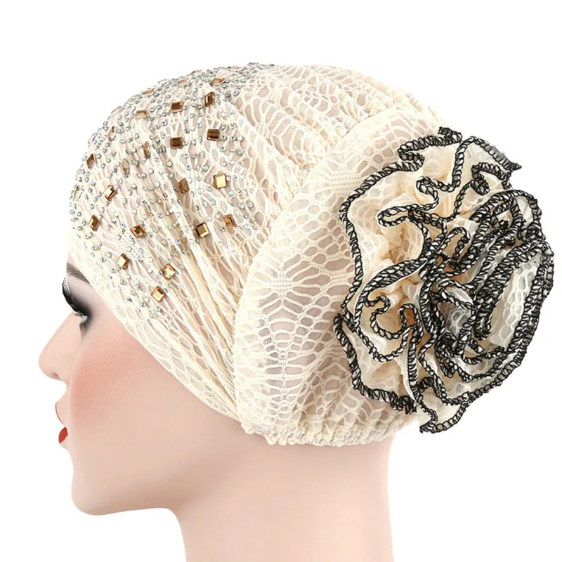 

Adjustable Colorful Inner Hijabs Lace Solid Color Flower With Diamonds Elastic Bonnet Cap Bone Islamic Lady Head Cover Hijabs