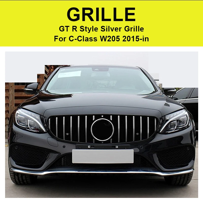  Fit For W205 Front Grille GTS Style with Camera C-Class W205 Sports C180 C200 C250 ABS Silver Sport