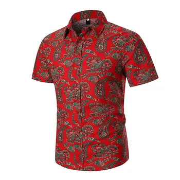 

Linen Shirts Men Ethnic style Short sleeve Hawaiian Shirt Mens Clothing Slim fit Floral Blouse Men New arrival Red Navy