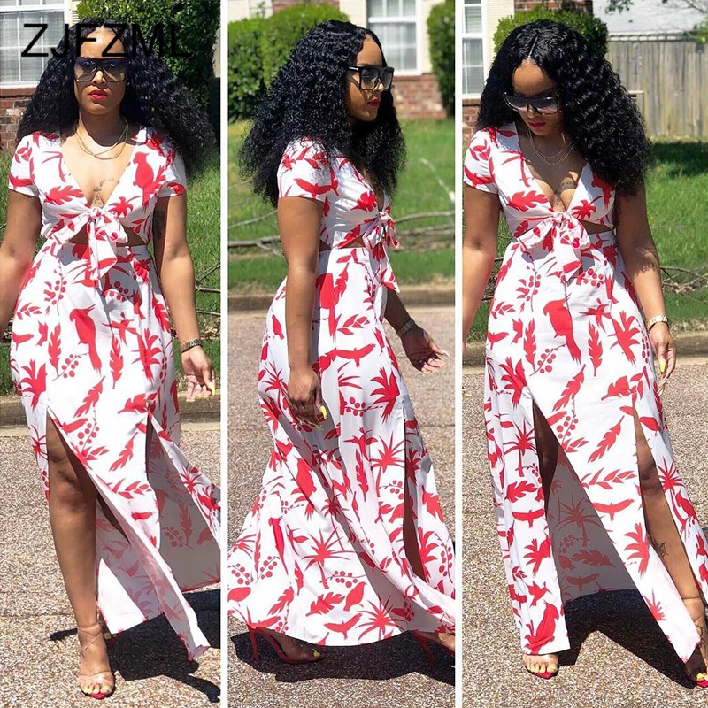 

Double High Split Sexy Long Maxi Dress Women Deep V Neck Short Sleeve Print Dress Vintage Bow Tie Cut Out Backless Beach Dresses