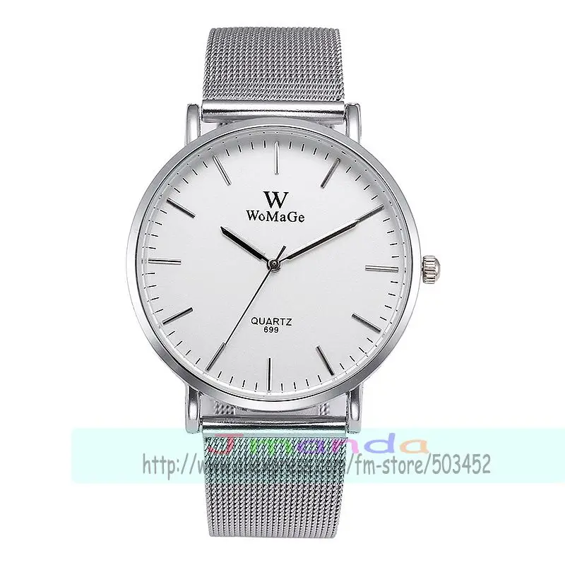 100 шт./партия, WOMAGE-699, новые модные сетчатые часы для пары, повседневные кварцевые часы, Стильные Простые сетчатые наручные часы из сплава - Цвет: silver white dial