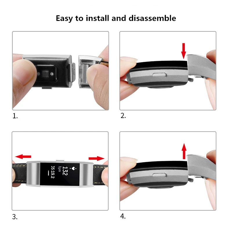 Replacement Bands Splicing Two-tone Genuine Leather for Fitbit Charge 2 Wristband Metal Connectors Fitness Strap Women Men Small Large 5 (6)