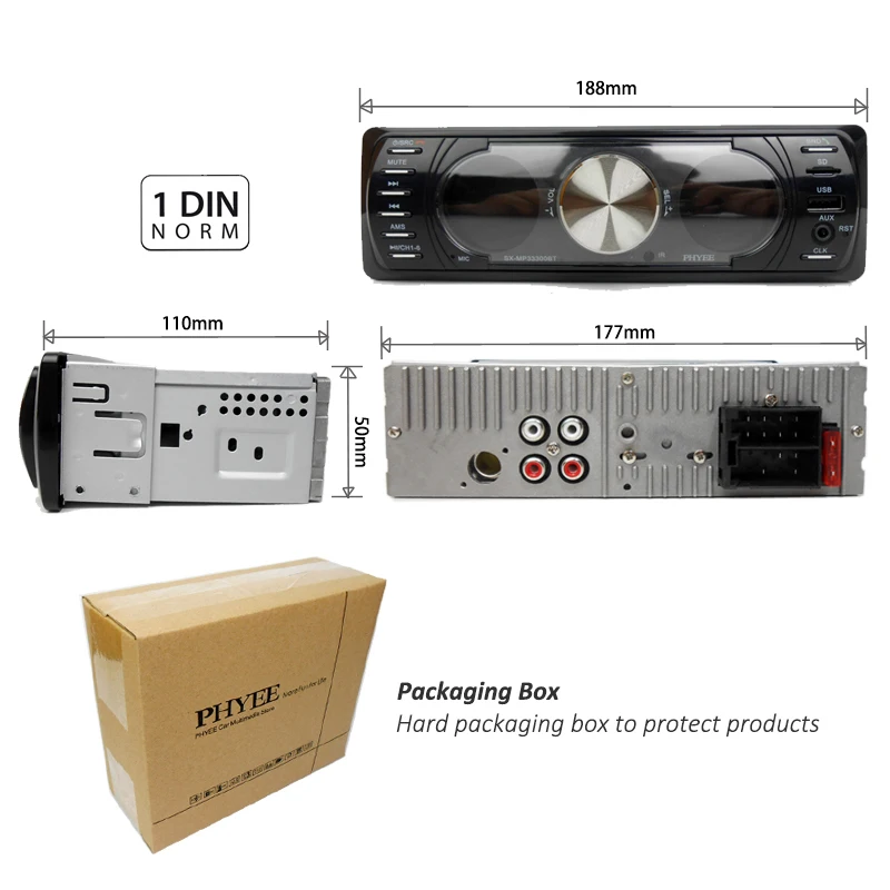 1 din Radio de coche Bluetooth Pantallas duales Audio estéreo MP3 ID3 WMA USB TF A2DP Manos libres ISO Unidad principal PHYEE SX-MP33300BT