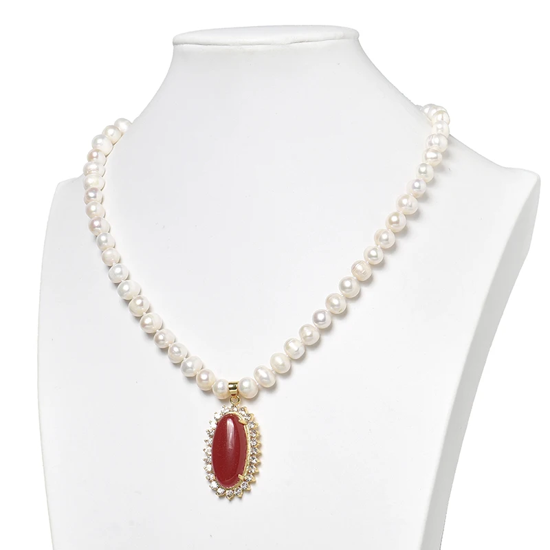 

Wholesale Oval Shape 24*40*10mm Pendant White Pearls 8-9mm Freshwater Natural Pearls Handmade Necklace 18inch For your wife H519