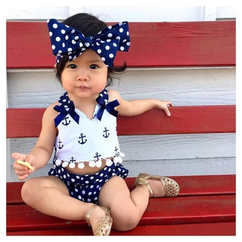 

Cute Baby Girls Clothes Sets Anchors Bow Tops + Polka Dot Briefs + Head band 3pcs Sleeveless Outfits Set Baby Girl 0-24 Monthes
