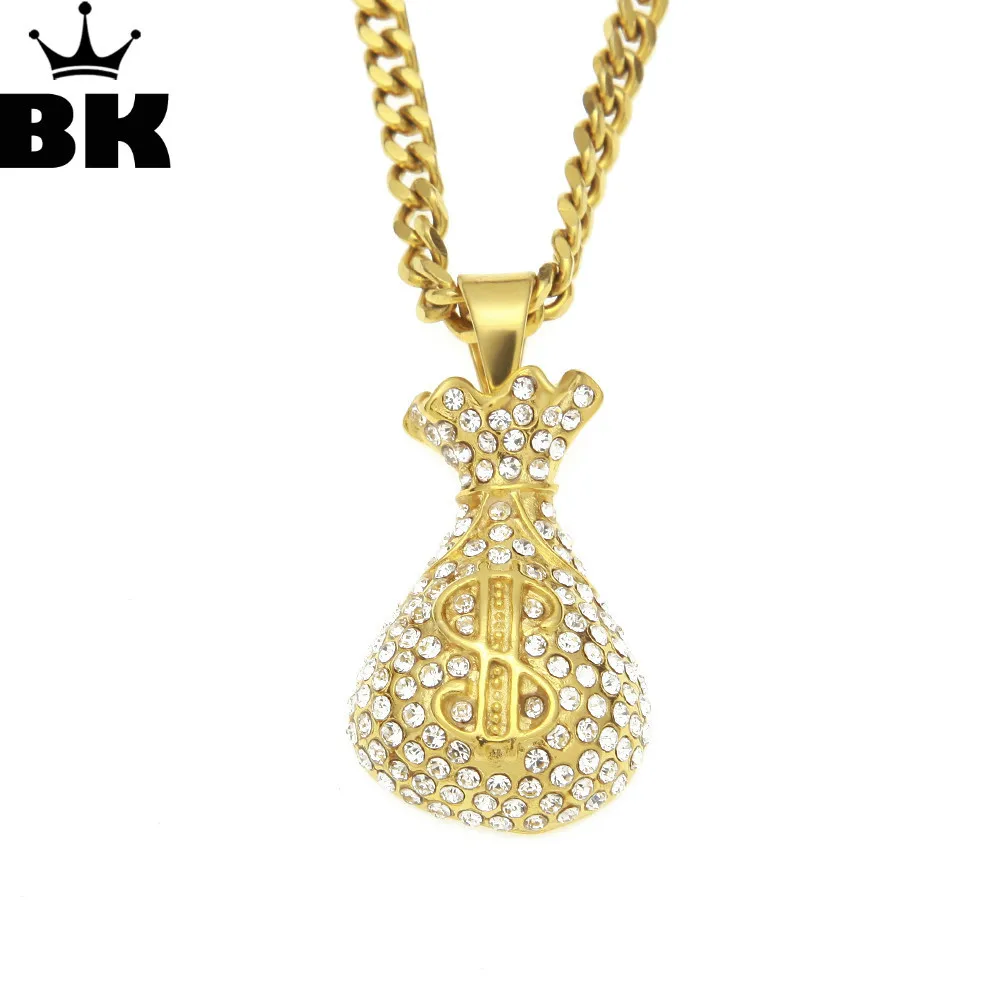 Men's Stainless Steel Money Bag Punk Pendant Necklace Gold Color Hip Hop Iced Out Bling