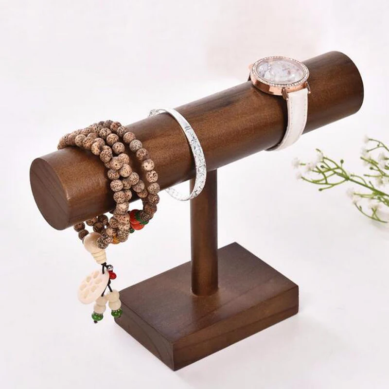 New Craft Baked Brown Wood Display T-bar Watches Holder Bracelets Stand Jewelry Display Jewellery Organizer Bangle Shelf Latest