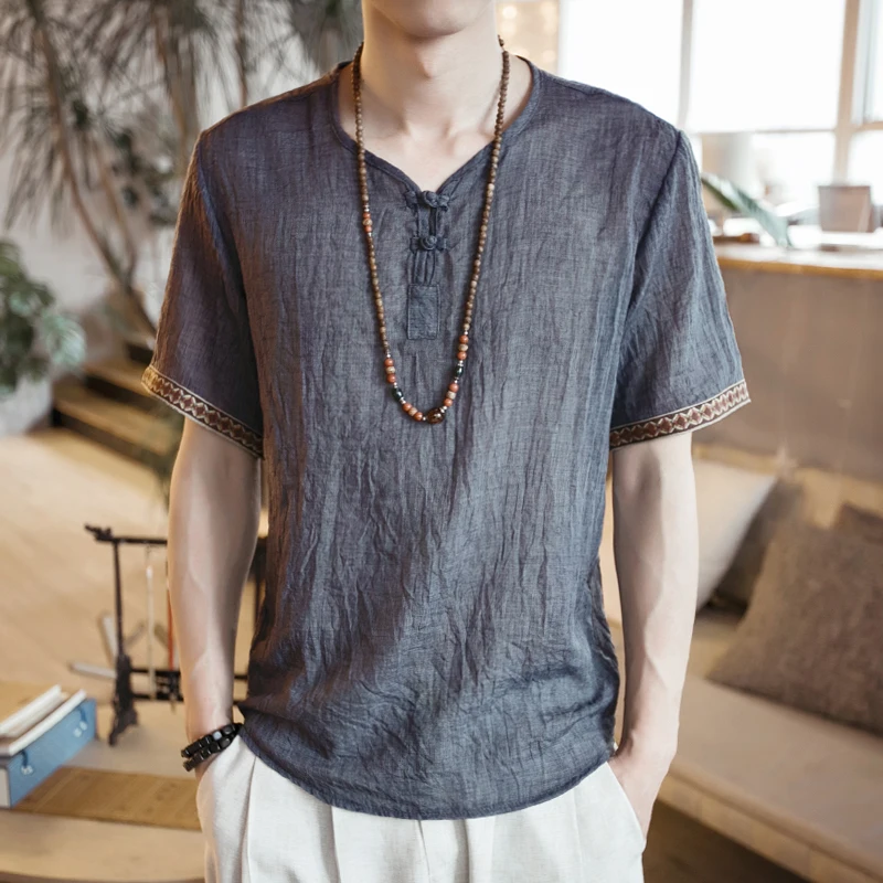 

YINOS Summer Cotton Linen Man T-shirts Embroidery Cuff Male Tees Plate Buckle Breathable Homme Short tshirt Tops Size Plus 2017