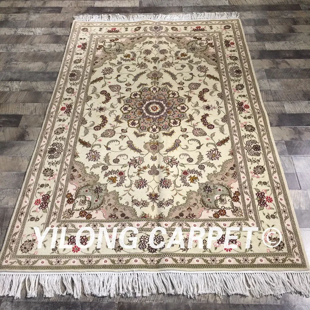 Yilong 4'x6' green tradition wool silk rug thin soft exquisite wool