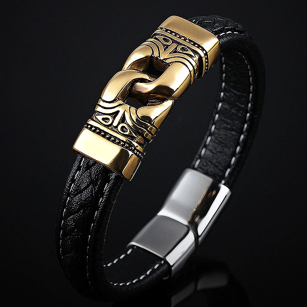 

4 pcs/ lot 2019 new bracelet fashion jewelry gold color stainless steel black leather bracelets bangles vintage accessories