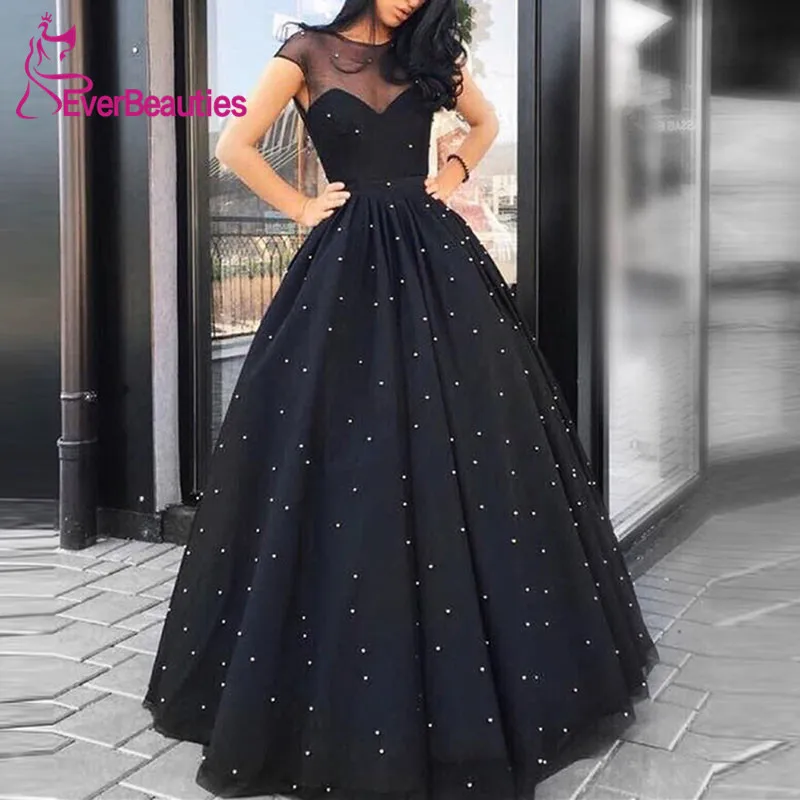 

A-Line Round Neck Evening Dresses 2019 Beading Black Tulle Long Elegant Formal Dress Robe De Soiree