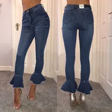 Новые модные женские туфли на высоком каблуке женские с высокой талией синие зауженные джинсы стретчевые расклешенные брюки джинсовые Jegging Размер 6-14