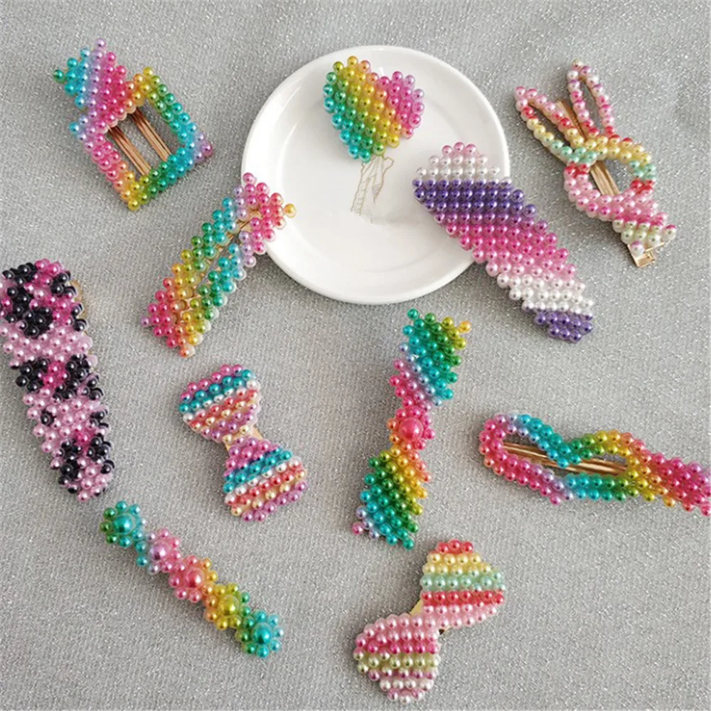 

1Pc Rainbow Pearl Hair Pin Metal Gold Hairgrips Women Beads Hair Clip Snap Barrette Sticks Hair Pins Accessories for girl