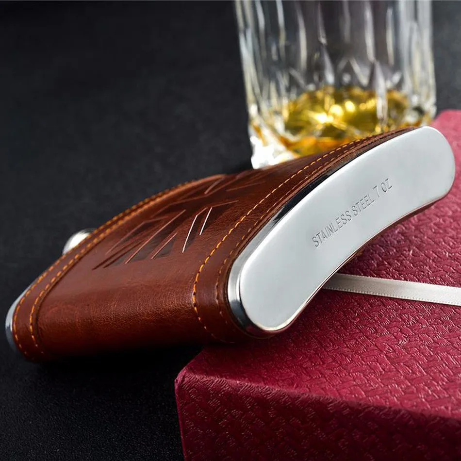 7OZ UK style stainless steel leather wrapped hip flask with free funnel