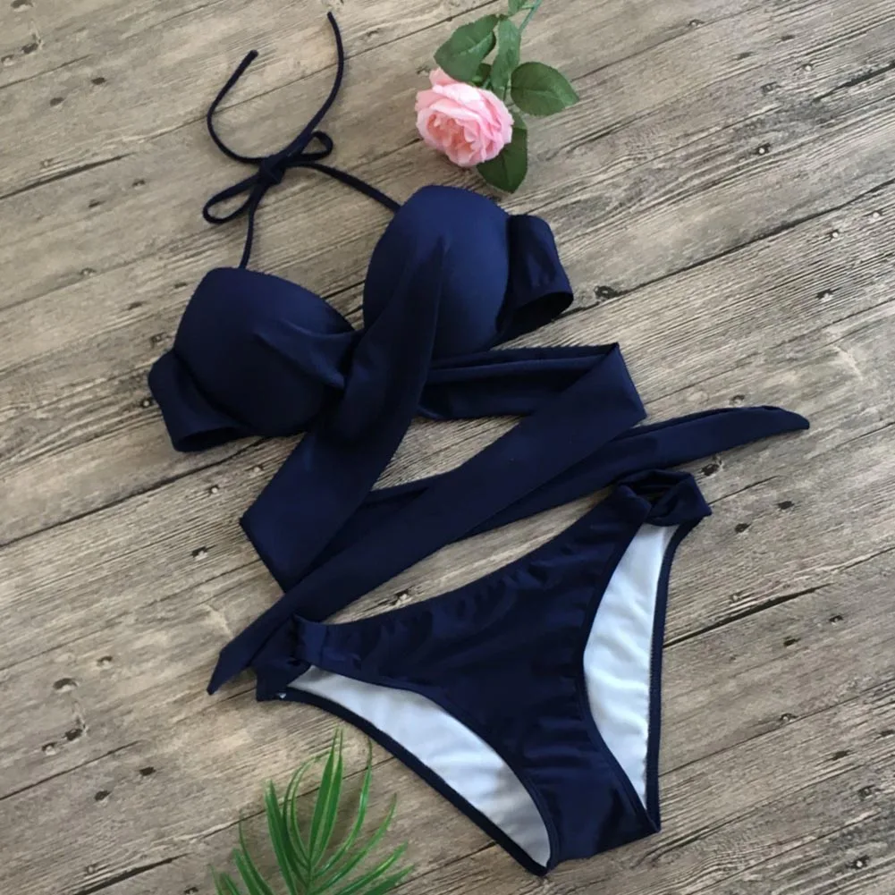 

HOT Women Summer Solid Bikini Top with Pants Halter Deep V Neck Low Waist Bathing Suit HV99