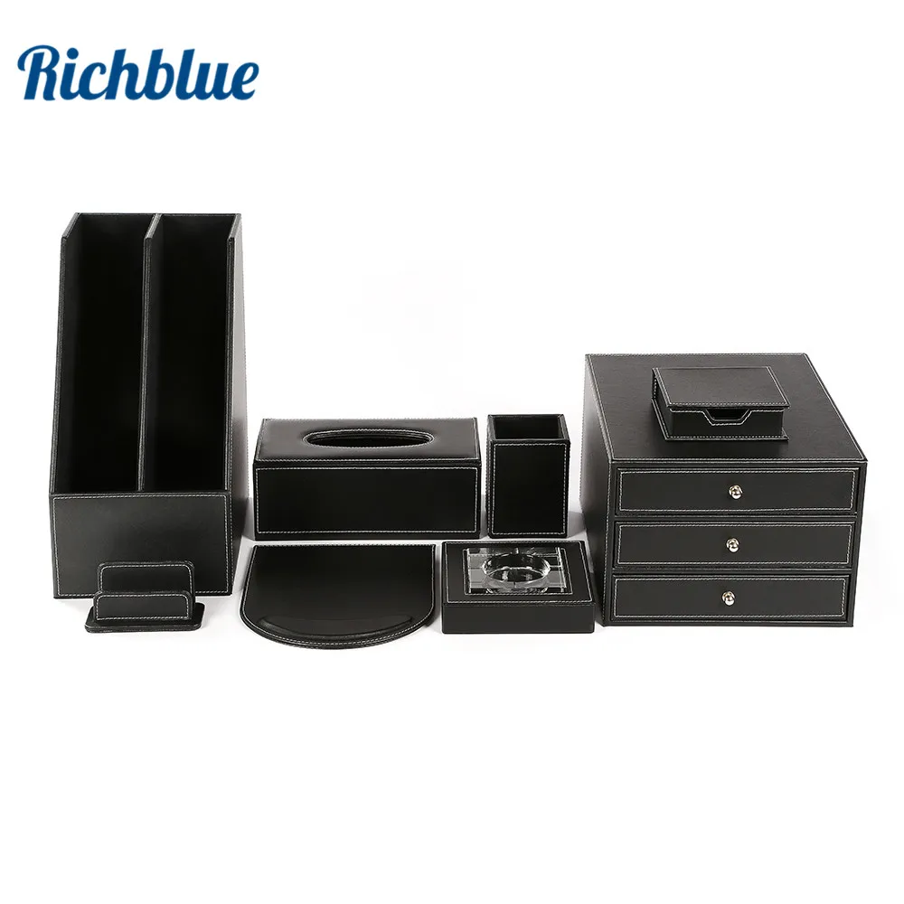 

Deluxe Office Desktop 8-piece Set Pen Pencil Holder Mousepad Stationery Organizer Box Tissue dispenser Ashtray T03 Black/Brown