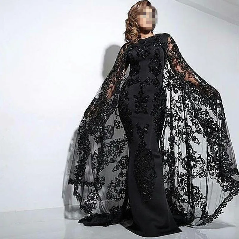 Платье-Кафтан черное с аппликацией Русалка Вечерние платья Дубай Кафтан абайя с накидкой с высоким горлом бисером выпускное платье Формальные платья