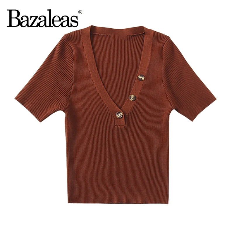 

Bazaleas Basic Knitted Slim Women T shirt Vintage Deep V Neck Buttons Women T-shirt Fashion tshirt Casual drop shipping