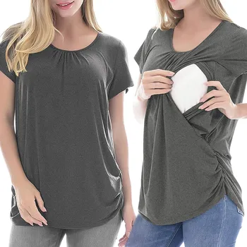 

New Breastfeeding Clothes Women Short Sleeve Solid Color Nursing Tops Zwangerschaps Kleding Trendy Tops For Pregnant Women