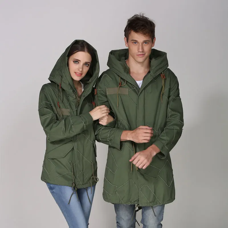 

Patch designs military style breathable trench coat, army green cotton male female clothing