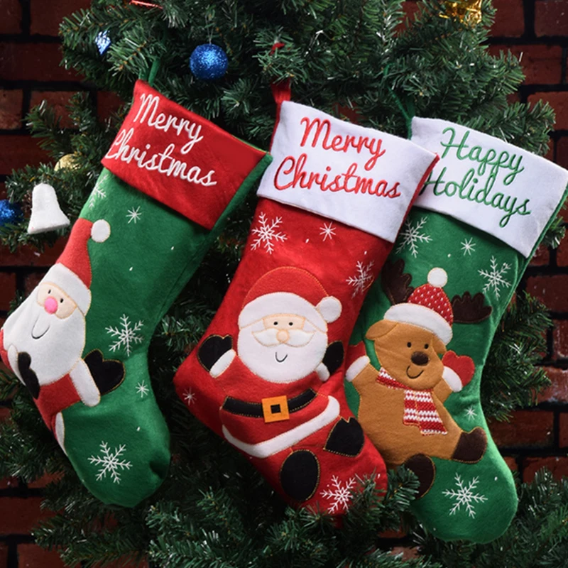 Christmas Stocking Gift Bag Noel Reindeer Santa Claus Snowman Socks