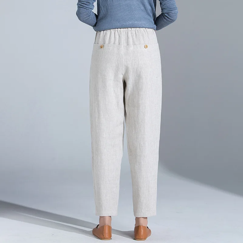 High waist elastic band natural leisure women's linen pants breathable ankle length harem pants big yards summer thin trousers High waist elastic band natural leisure women's linen pants breathable ankle length harem pants big yards summer thin trousers