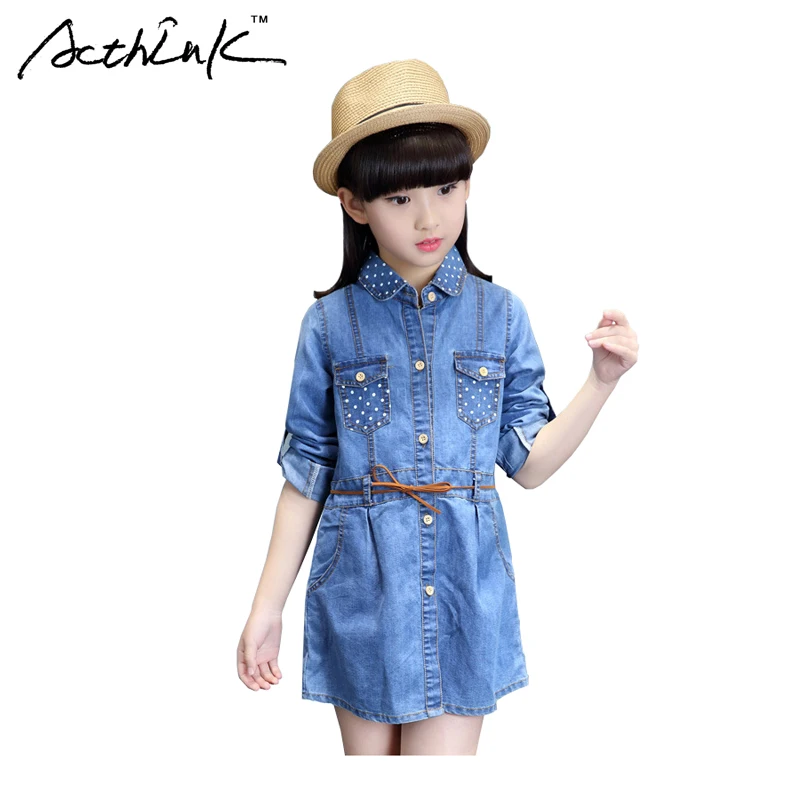 

ActhInK Girls New Spring Dot Denim Shirt Dress with Sash Kids Princess Style Casual Cotton Dress for Girls Korean Clothes, MC141