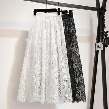 

Women Pleated Skirt Summer Thin Mesh Lace Tulle Skirt Jupe Jemme White Black High Waist Skirt Sexy Hollow Maxi Long Skirts C4537
