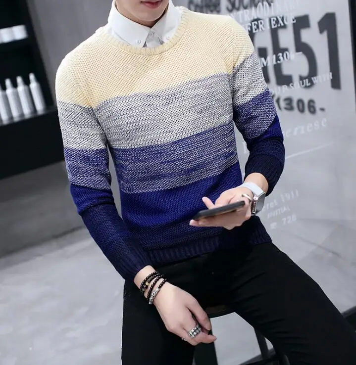Модный мужской теплый зимний комплект с круглым воротником, Вязаные Рубашки/мужские высококачественные полосатые облегающие свитера для отдыха, S-XXL - Цвет: royalblue