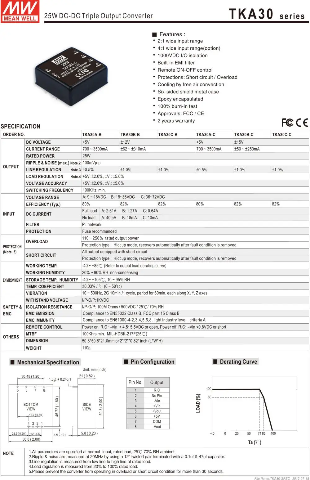 [PowerNex] meanwell MEAN WELL оригинал TKA30A-C 5 В 3500mA TKA30 5 В 25 Вт Тройной Выход DC-DC Конвертер