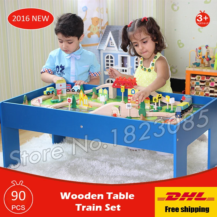 90PCS Wooden Table Train Diecasts Toy Vehicles Kids Toys Model Cars puzzle Building slot track Rail transit Parking Garage Set baby-building-blocks-wooden