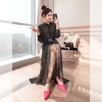 

2019 Dress Sexy Celebrity Dot Full Single-Breasted Women Sashes Slit Turn-Down Collar Night Club Body con Dresses Wholesale